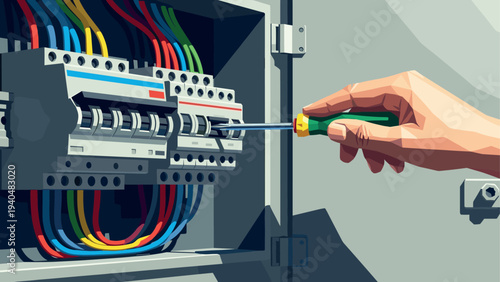 Electric panel maintenance with hand and screwdriver in modern flat design