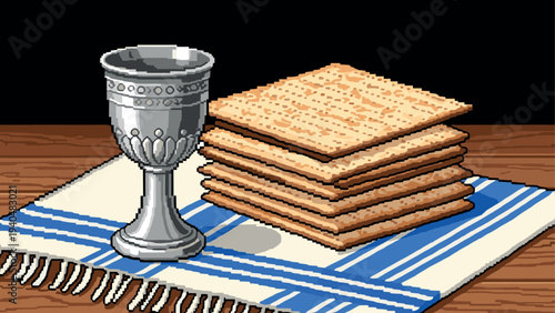 Pixel art passover: matzo and silver goblet on blue striped cloth