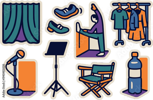 Retro set of performance icons featuring stage, costumes, microphone, and rehearsal elements