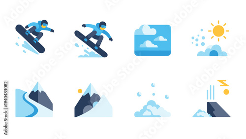 Flat winter sports icons: snowboarding and scenic mountain landscapes
