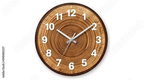 a round wall clock in a rustic style, the design of which resembles a cross-section of a tree trunk.
