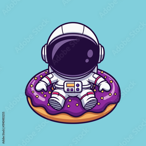 Cute cartoon astronaut wearing a white spacesuit with purple accents, sitting inside a floating purple donut with yellow sprinkles on a light blue background.