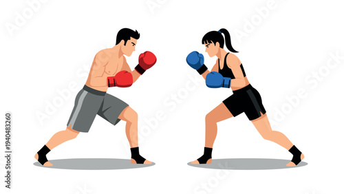 Dynamic male and female boxers in action with colorful gloves