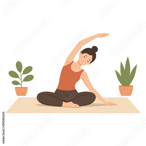Woman practicing yoga with plants in a serene setting