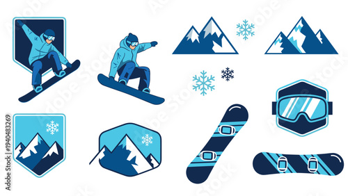 Winter sports icons featuring snowboarders, mountains, and snowflakes in blue flat design