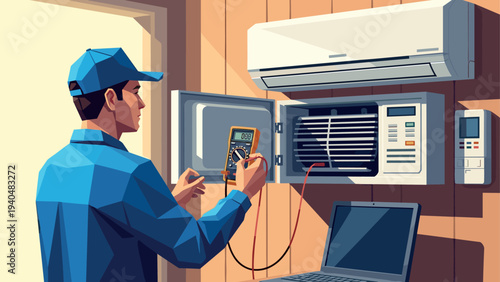 Hvac technician fixing air conditioning unit with digital multimeter in modern room
