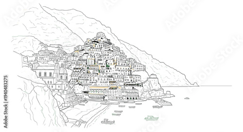 Linear coastal village landscape with detailed architecture and boats