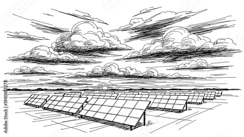 Solar panels in a scenic landscape with dramatic clouds and sunset in sketch style
