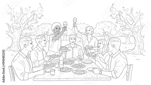 Linear gathering of friends enjoying outdoor picnic in nature