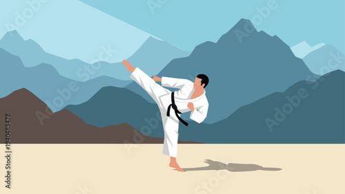 Karate practice outdoors with scenic mountain background in flat design