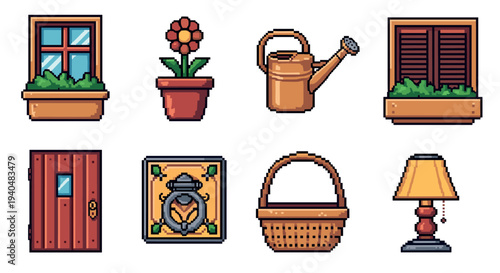 Charming pixel art home elements: windows, plants, and decor icons