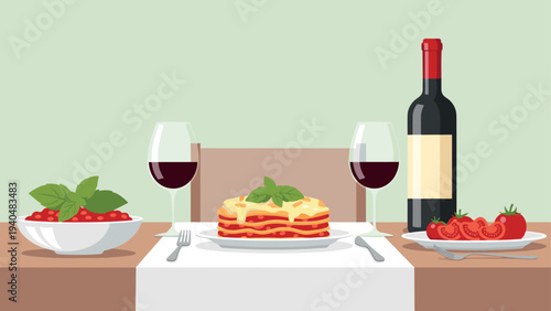 Elegant dining table with pasta, wine, and fresh ingredients in flat design