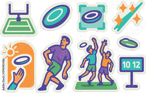 Colorful frisbee stickers set with players and scoreboard
