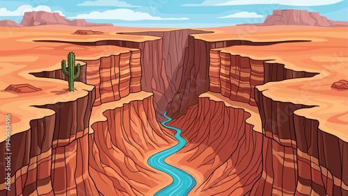 Scenic canyon landscape with river and cactus in vibrant cartoon style