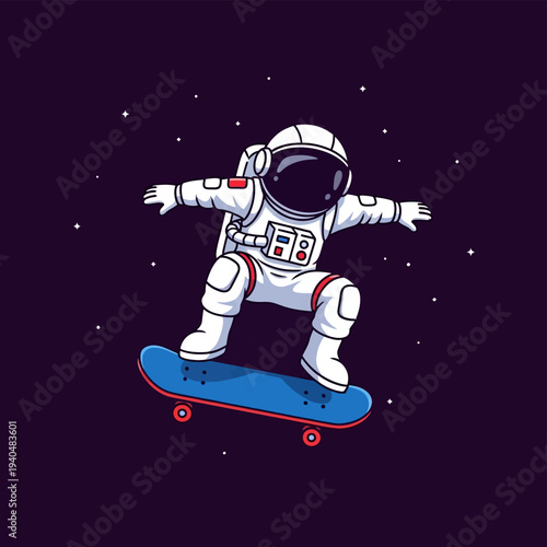 Detailed vector illustration of a cute cartoon astronaut character in a white and red spacesuit performing an action pose on a blue skateboard, floating in dark cosmic space with scattered stars.
