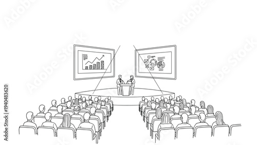 Conference presentation with audience in linear style
