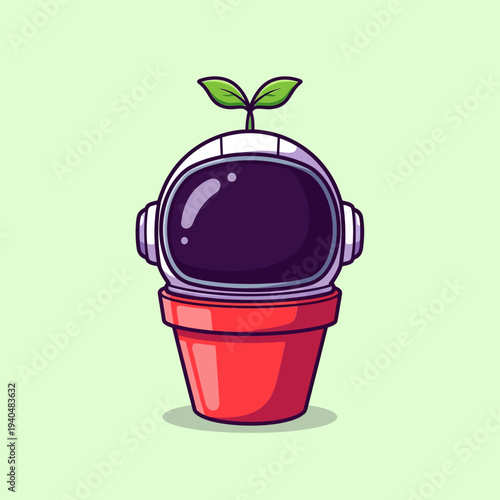 Detailed vector illustration depicting an astronaut helmet functioning as a red plant pot, with a vibrant green seedling sprouting from its top against a simple light green background.