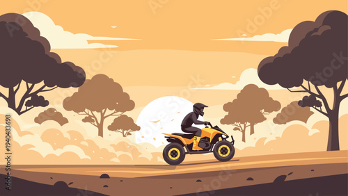 Quad bike adventure: desert landscape with rider at sunset