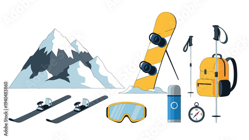 Snowy adventure essentials set featuring winter sports gear and mountaineering equipment