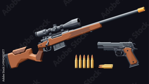 Colorful weapons set featuring rifle and pistol with bullets