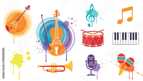 Colorful musical instrument set with abstract paint splashes