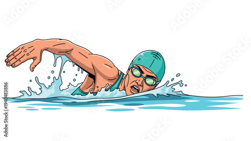Dynamic swimmer freestyle stroke with splash in water
