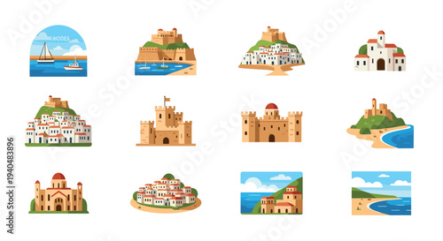 Collection of mediterranean coastal landscapes and historic architecture icons