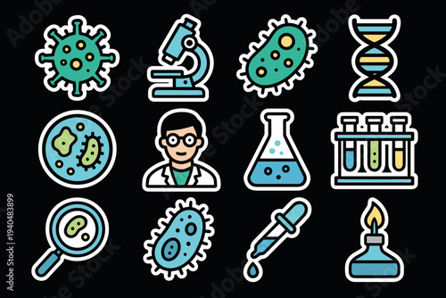 Colorful science icons set featuring microbiology and laboratory elements