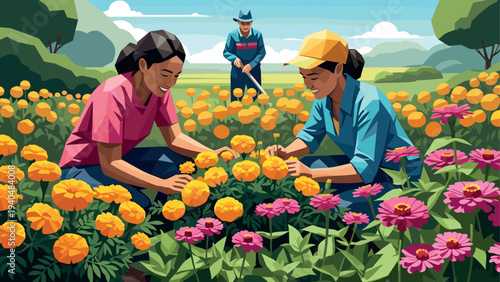 Vibrant garden workers cultivating blossoming marigolds and zinnias in flat design