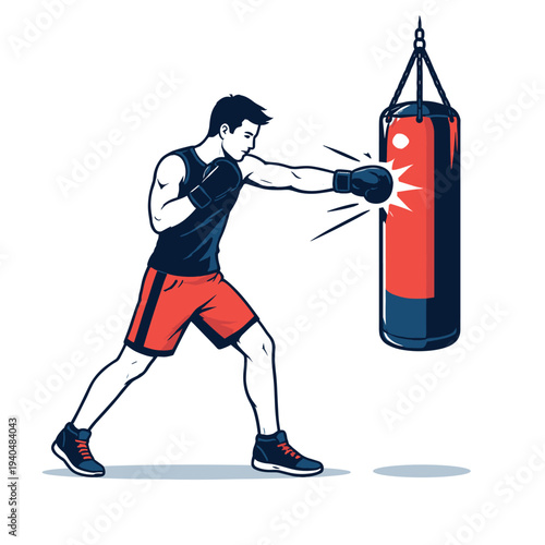 Boxer striking a punching bag with power