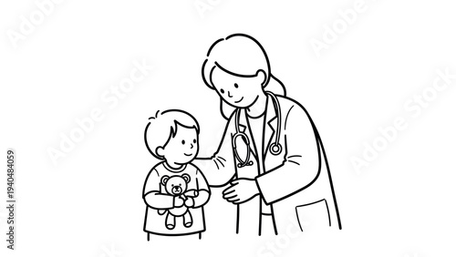 Caring doctor with child and teddy bear in a linear drawing