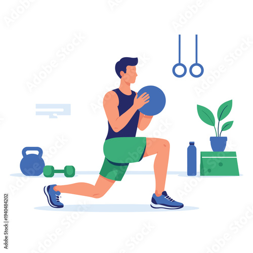 Athlete lunging with a weighted ball in a gym