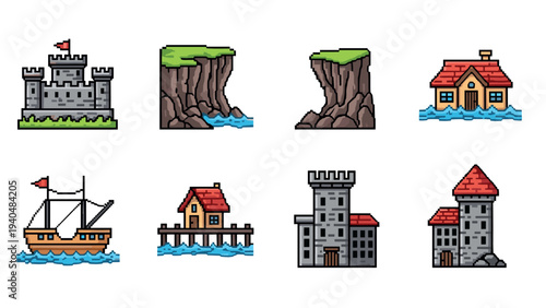 Pixel art island scenery with castles, cliffs, houses, and ships