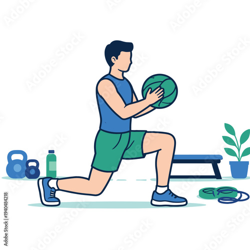 Man performing lunges with a medicine ball