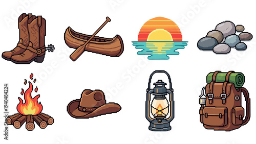 Retro pixel art: outdoor adventure essentials and nature elements