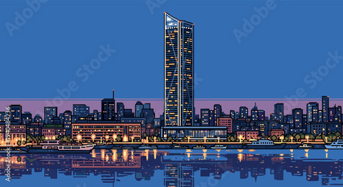 Vibrant cityscape at dusk with reflections of illuminated high-rise buildings in calm water