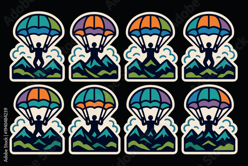 Colorful paragliding adventure over mountain landscapes sticker set