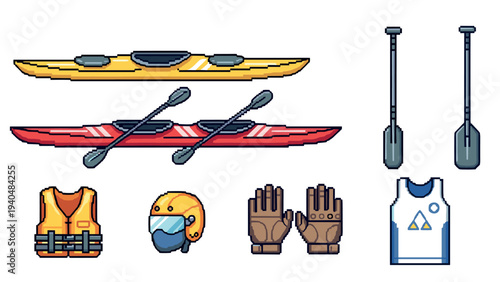 Colorful pixel art kayaking gear with canoes and safety equipment