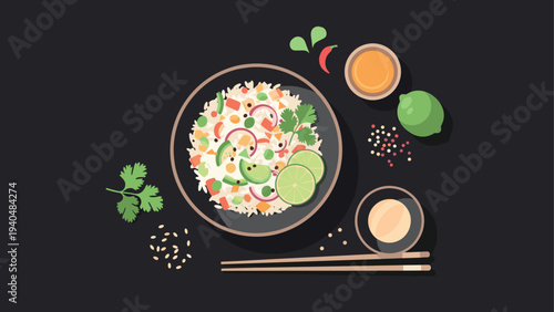 Colorful flat design asian cuisine with rice bowl and fresh ingredients