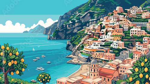 Charming coastal village landscape with vibrant homes and seascape scenery in pixel art style