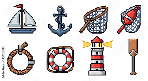 Nautical icons in pixel art style featuring anchor, sailboat, lighthouse, and lifebuoy