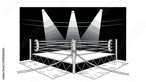 Monochrome boxing ring with spotlights in dramatic lighting