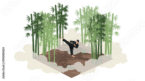 Martial artist training in bamboo forest with isometric perspective