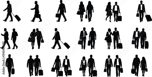 Business people walking silhouettes collection with briefcase and luggage, professional men and women office workers isolated vector set