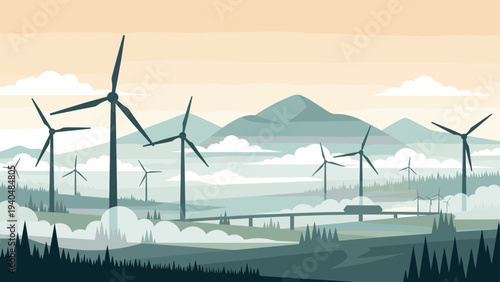Renewable energy landscape with wind turbines and mountains in soft colors