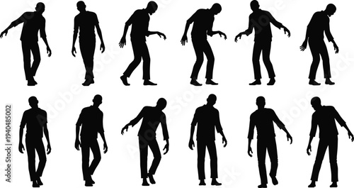 Collection of twelve black zombie silhouettes featuring creepy undead men walking in scary distorted poses for halloween horror design themes,
