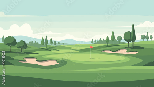 Peaceful golf course landscape with lush greenery and clear sky