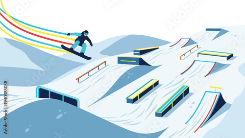 Dynamic snowboarder on stylish terrain park jumps in vibrant modern style