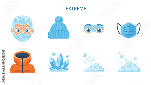 Winter essentials icon set: cold weather gear and accessories