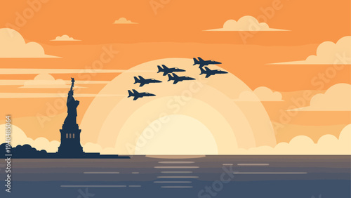 Sunset cruise: jets soar above statue of liberty against vibrant twilight sky